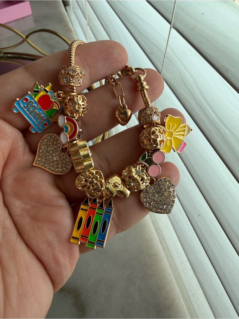 Gold-Tone Charm Bracelet with Crystal Hearts & Colorful School Enamel Charms - Picture 3 of 3